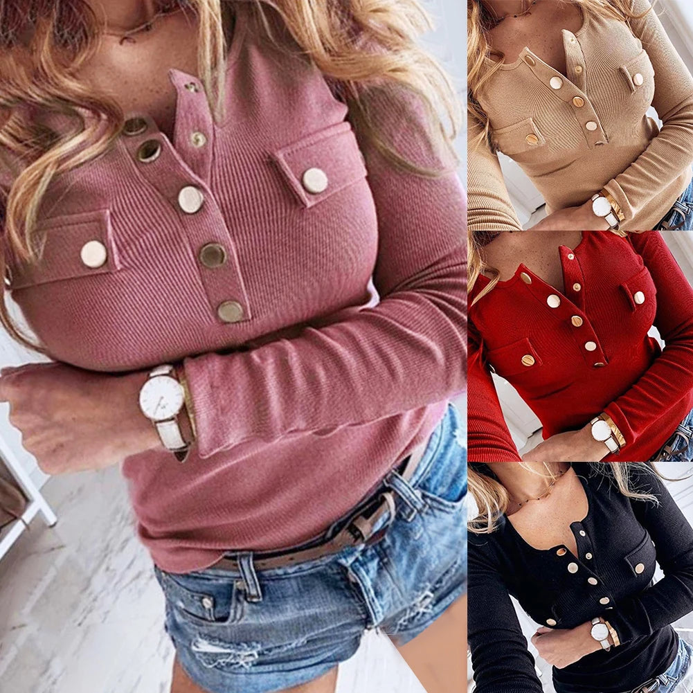 Women's Long Sleeve Solid Color Buttons Ribbed Blouse M-5XL