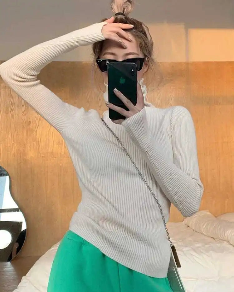 Women heaps collar Turtleneck Sweaters Autumn Winter Slim Pullover Women Basic Tops Casual Soft Knit Sweater Soft Warm Jumper