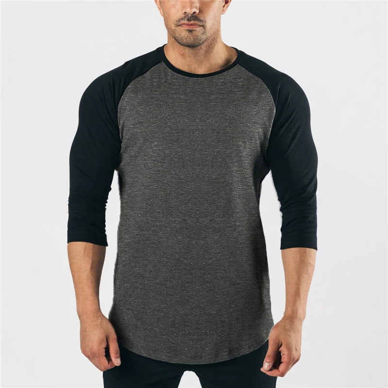 Autumn Gym Clothing 3/4 Sleeve Sports T Shirt Men Solid Cotton Running Shirt Men Workout Training Tees Fitness Tops T-shirt