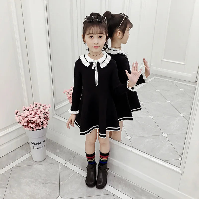 Autumn children warm Sweater dress for girls infant casual pure color Pleated princess dress Baby girl winter knitted dress