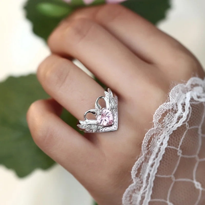 Elegant Beautiful Silver Color Heart Ring Women's Engagement Zircon Heart Shped Swan Ring Set Bridal Party Wedding Jewelry Gift