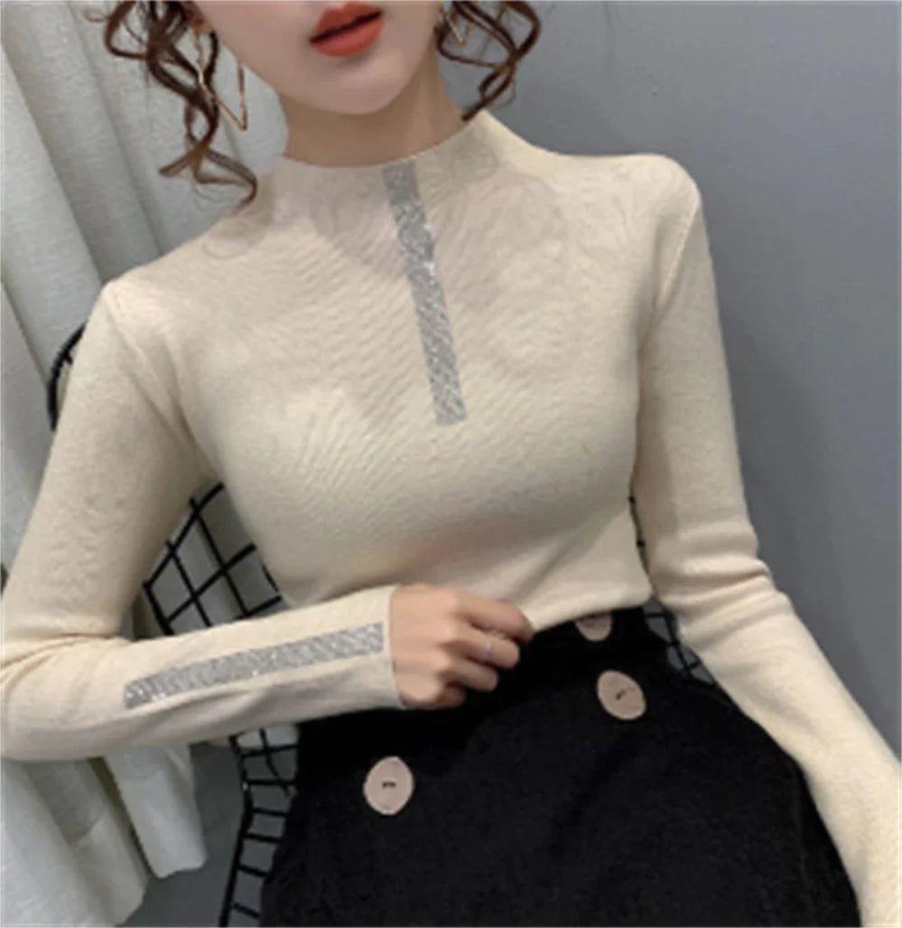 2023 Woman Sweaters Turtleneck Sweater Women's Underwear Fall/Winter Slim Rhinestone Pullover Top Sweater H1104