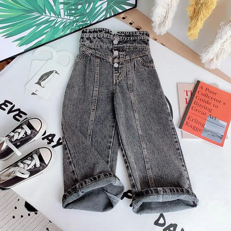 Kids Wide Leg Pants 2024 Autumn Winter New Personality Fashion Girls Hight-Waist Jeans Elastic Waist Button Pocket Casual Jeans