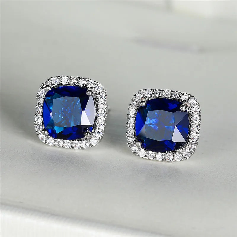 Cute Female Crystal Black Stone Earrings Charm Silver Color Stud Earrings Luxury Square Wedding Earrings For Women