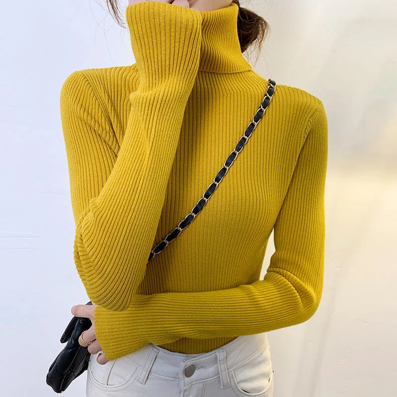 ZOKI New 2023 Women Pullover Turtleneck Sweater Autumn Long Sleeve Slim Elastic Korean Simple Basic Cheap Jumper Solid Color Top