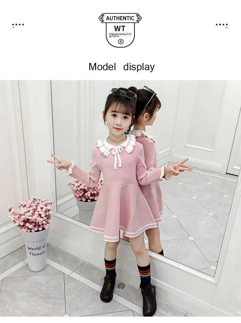 Autumn children warm Sweater dress for girls infant casual pure color Pleated princess dress Baby girl winter knitted dress