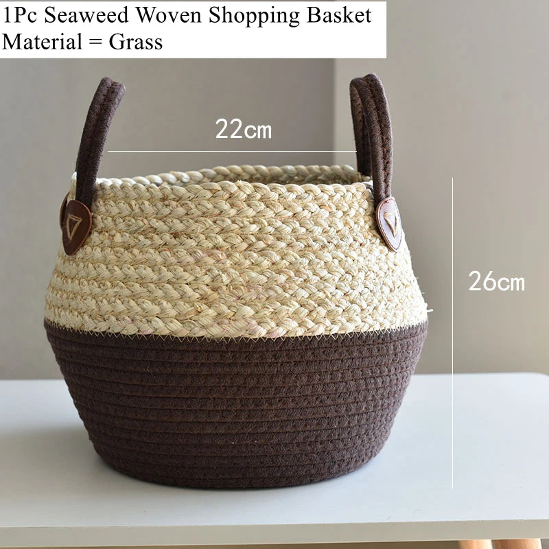 Zerolife-Seaweed Wicker Basket with Handle, Rattan Hanging Flower Pot, Dirty Clothes Storage, Children's Toy Sorting, 3 Size