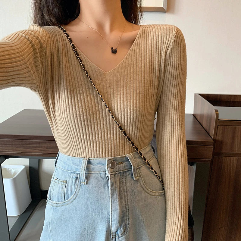 2024 Basic B-neck Solid Autumn Winter Pullover Women Female Knitted Ribbed Sweater Slim Long Sleeve Badycon High Quality Sweater