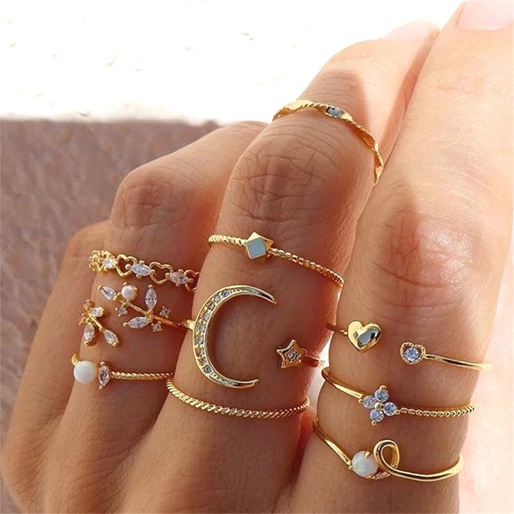 LATS 10Pcs Rings Suit For Women Silver-color Chain Ring Set Bohemian Style Coin Snake Moon Star Party Trend Gift Jewelry