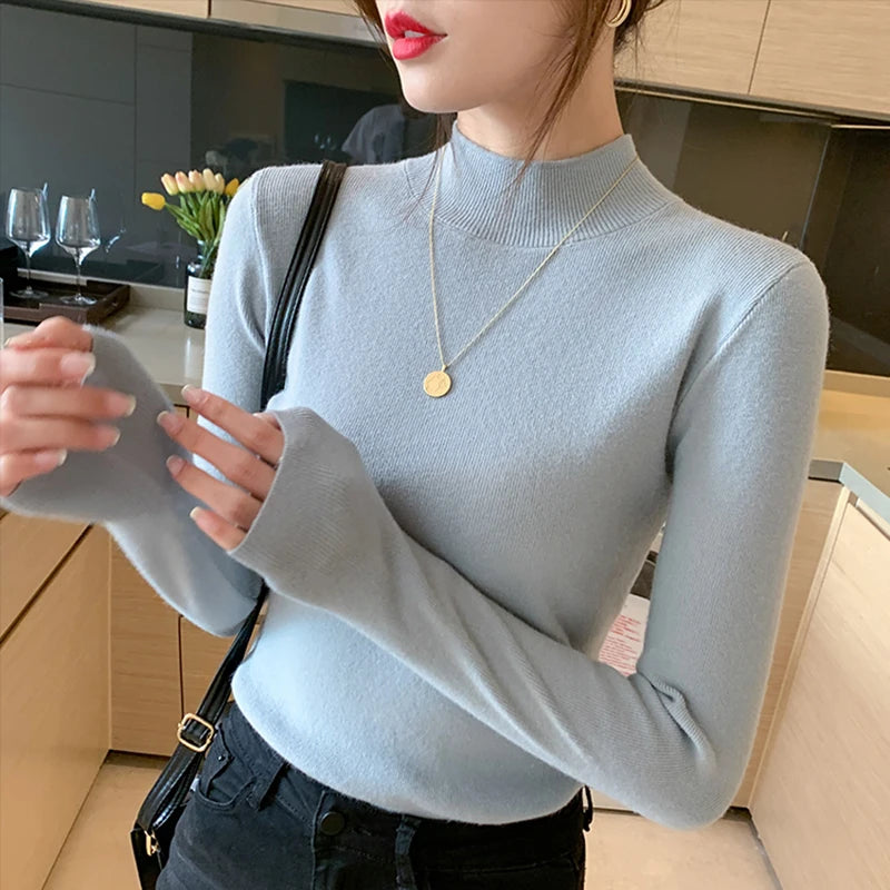 Turtleneck Warm Women Sweaters Korean Knitted Slim Office Long Sleeve Female Casual Jumpers Autumn Fashion New Ladies Pullovers