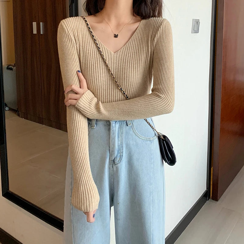 2024 Basic B-neck Solid Autumn Winter Pullover Women Female Knitted Ribbed Sweater Slim Long Sleeve Badycon High Quality Sweater