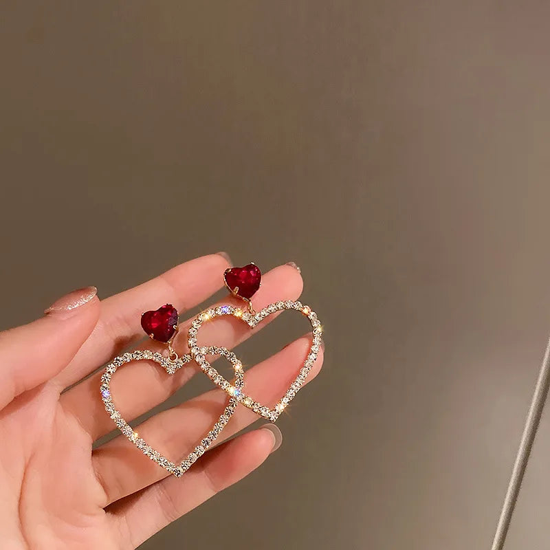 2024 Korean Fashion Jewelry Shining Rhinestone Hollow Heart Drop Earrings for Women Girls Vintage Red Crystal Earrings