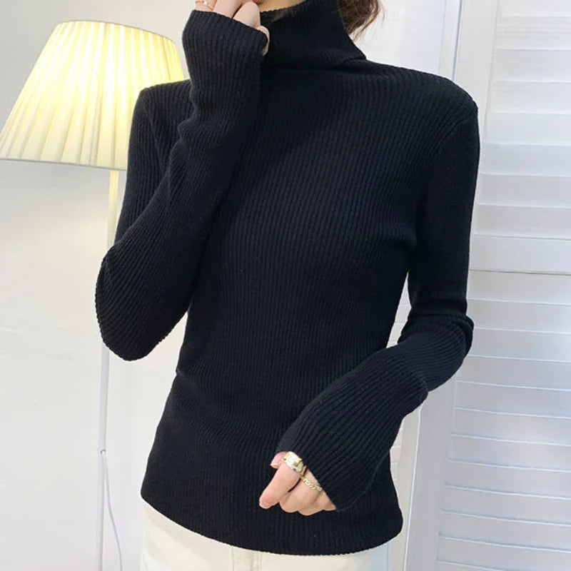 ZOKI New 2023 Women Pullover Turtleneck Sweater Autumn Long Sleeve Slim Elastic Korean Simple Basic Cheap Jumper Solid Color Top