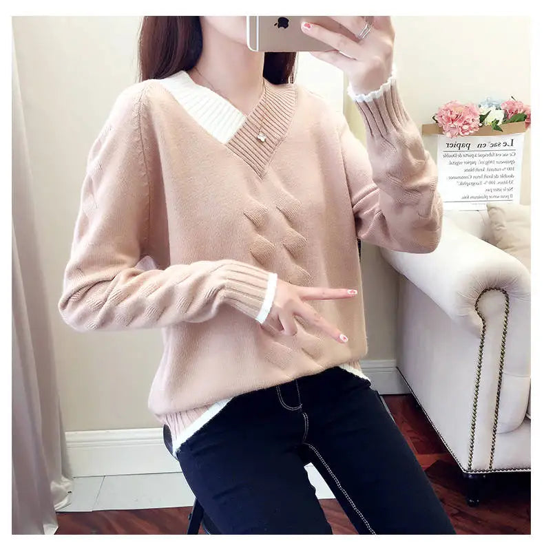 Women's Sweaters Knitting Pullover 2022 New Autumn Winter Casual Loose Striped V-neck Knitted Sweater Female Pullovers Tops