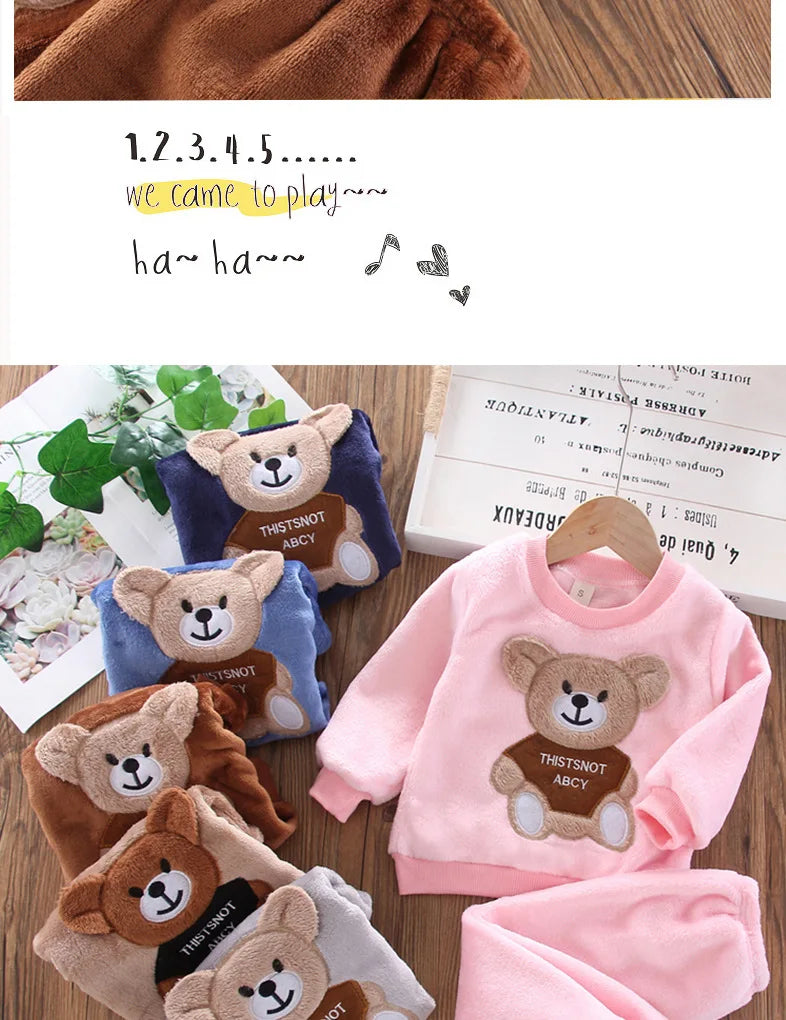 New Winter Baby Girls Boys Homewear Sets Autumn Fashion Flannel Fleece Clothes Kids Cartoon Bear Sleepwear Children Pajamas