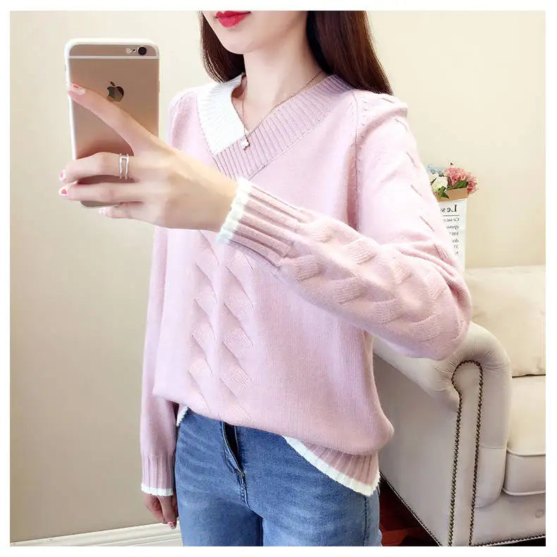 Women's Sweaters Knitting Pullover 2022 New Autumn Winter Casual Loose Striped V-neck Knitted Sweater Female Pullovers Tops