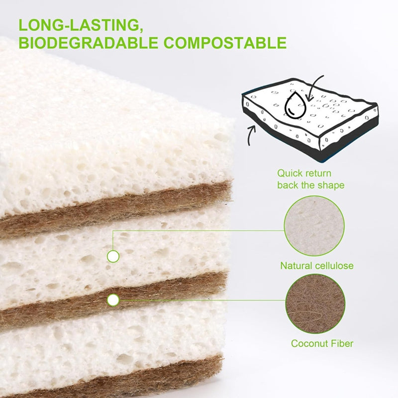 Eco-Friendly Natural Sponges for Dishes 12 Pack - Biodegradable Kitchen Sponge with Compostable Coconut Scrubber