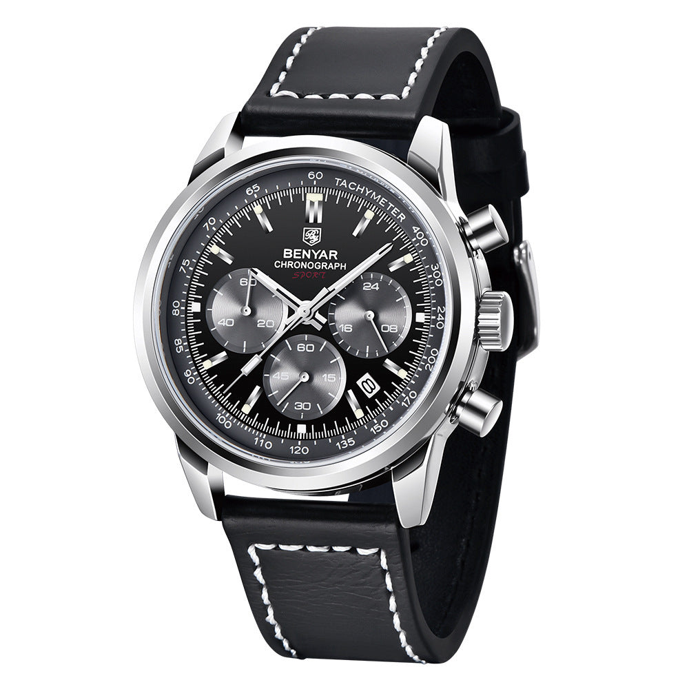 benyar by5188 men's watch multi-function chronograph luminous waterproof belt quartz watch