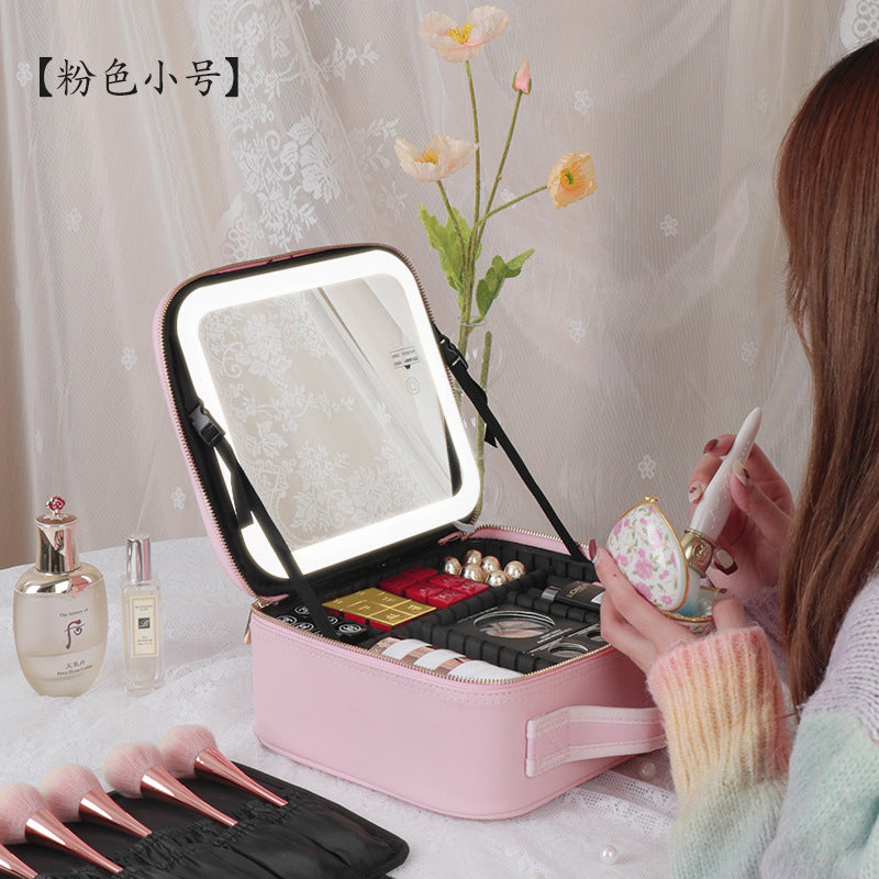 Cosmetic storage box desktop with light makeup box with mirror makeup bag portable portable with makeup artist storage bag