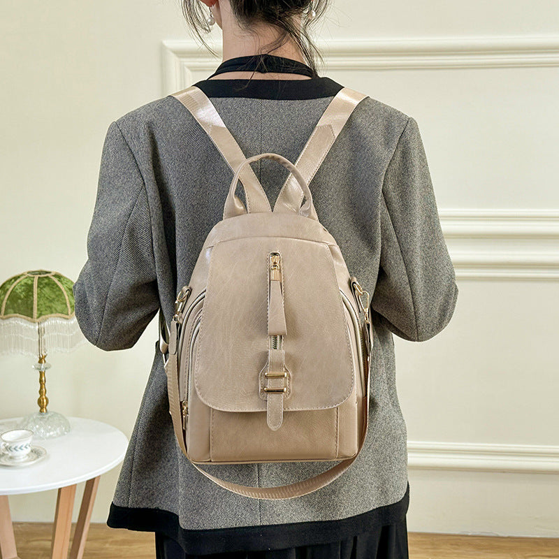 Cross-border simple backpack for womenretro solid color outdoor leisure mother bag PU soft leather large capacity backpack