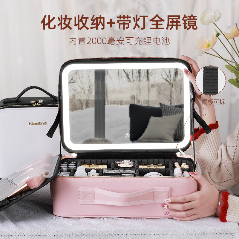 Large-capacity cosmetic bag with mirror, light and makeup skin care products cosmetic storage bag portable travel storage bag