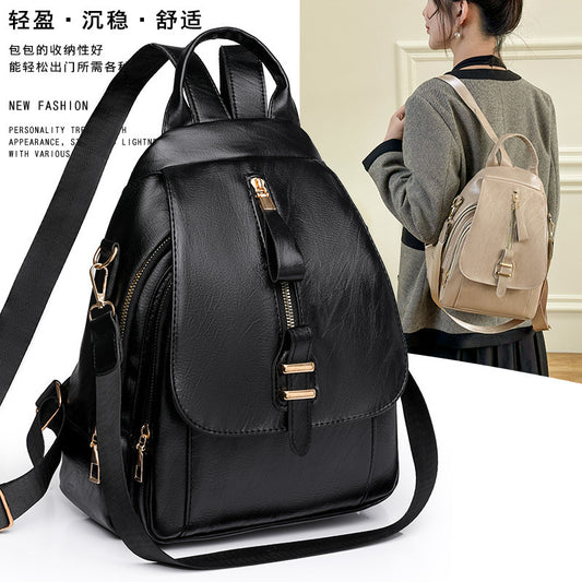 Cross-border simple backpack for womenretro solid color outdoor leisure mother bag PU soft leather large capacity backpack