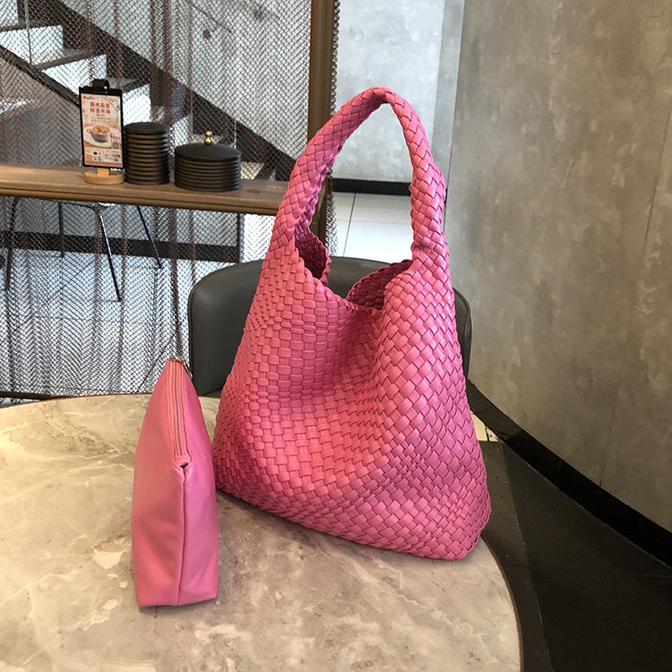 New high-end hand-woven bag large-capacity shoulder tote bag underarm bag bucket bag mother-and-child bag trend