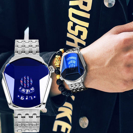 Cross-border fashion new motorcycle men's watch alloy steel belt men's quartz watch trend European and American dazzling blue watch