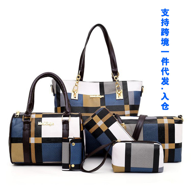 The new plaid six-piece tote bag contrasting color trend one-shoulder handbags cross-border one-piece drop-shipping to the world