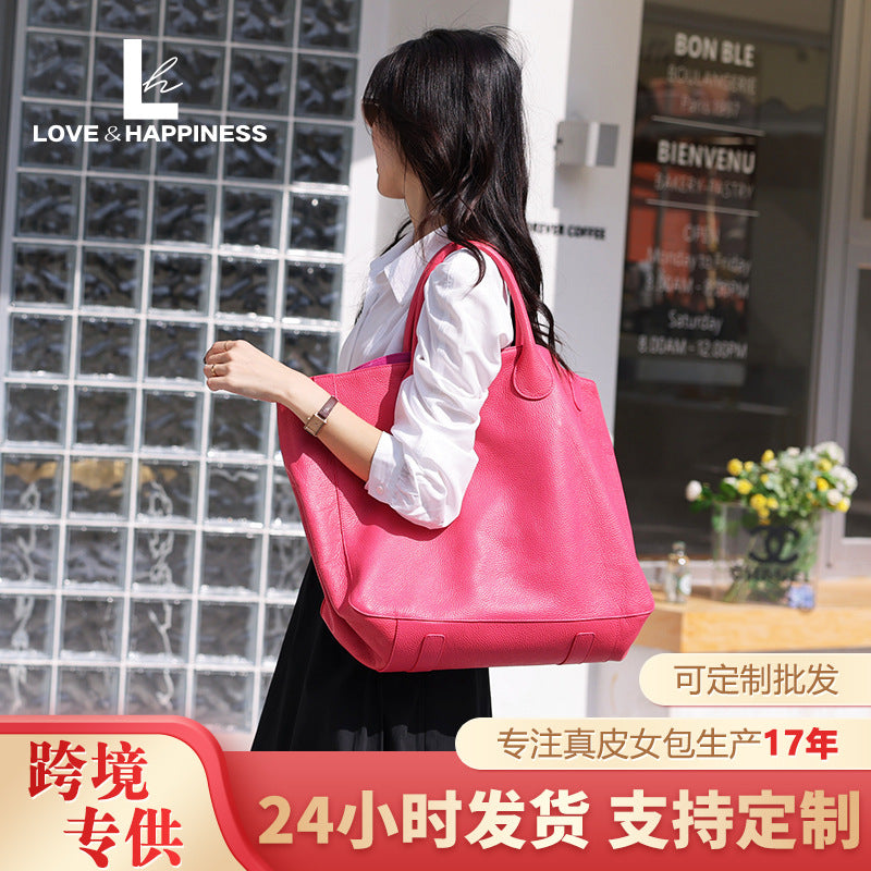 Cute lucky bag, open European and American genuine leather bag, hand-held women's bag, simple and personalized tote genuine leather large bag, extra large capacity