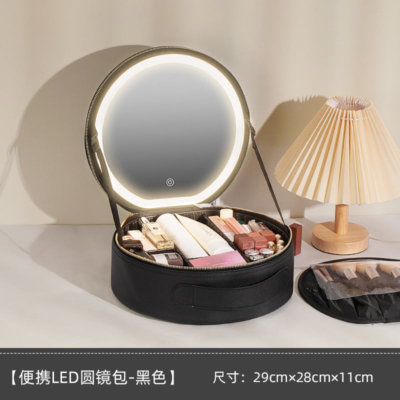 Round cosmetic bag with mirror, LED light, large capacity, portable travel cosmetics storage bag