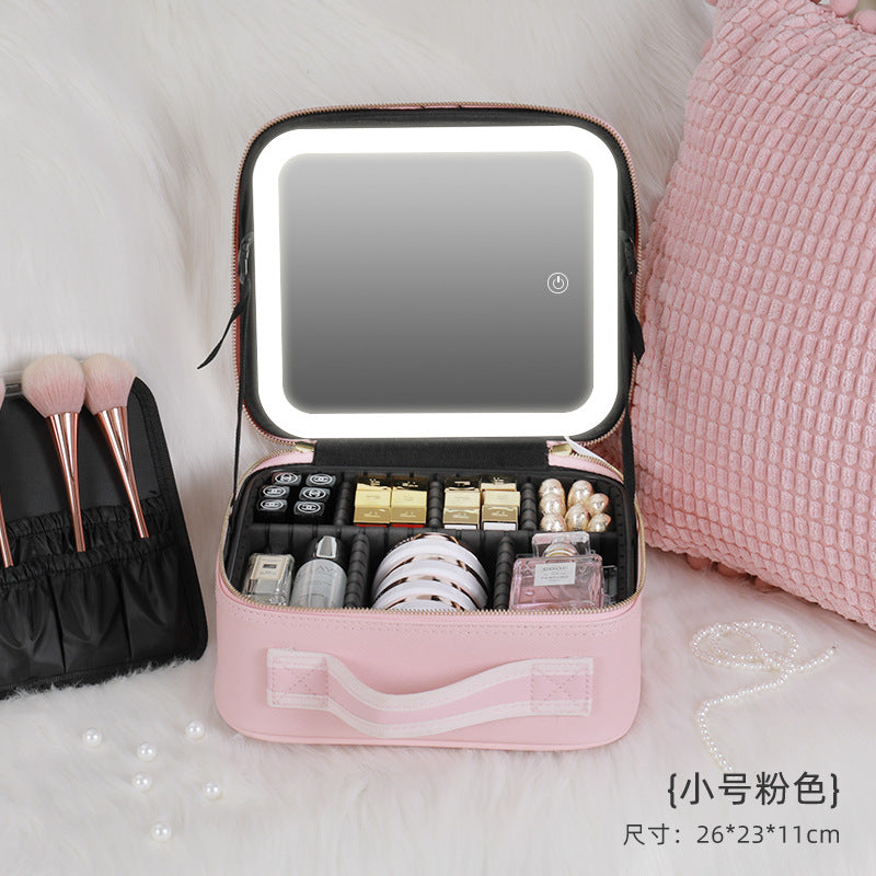 Large-capacity cosmetic bag with mirror, light and makeup skin care products cosmetic storage bag portable travel storage bag