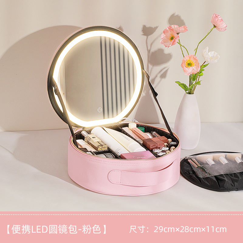 Round cosmetic bag with mirror, LED light, large capacity, portable travel cosmetics storage bag