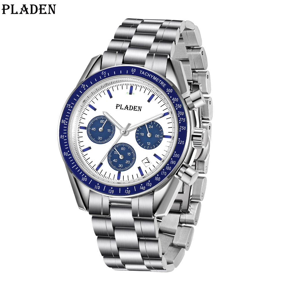 PLADEN live broadcast popular men's fashion high-end classic casual three-eye chronograph stainless steel men's quartz watch