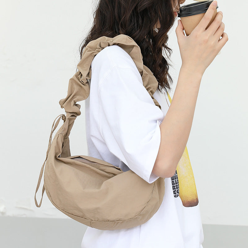 Casual literary shoulder bag ins pleated nylon dumpling bag net celebrity fashion drawstring canvas messenger bag