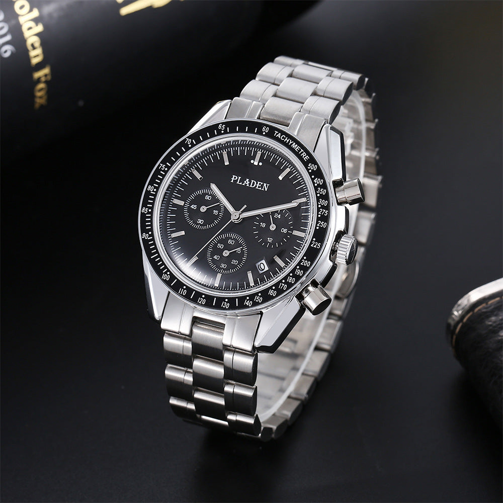 PLADEN live broadcast popular men's fashion high-end classic casual three-eye chronograph stainless steel men's quartz watch