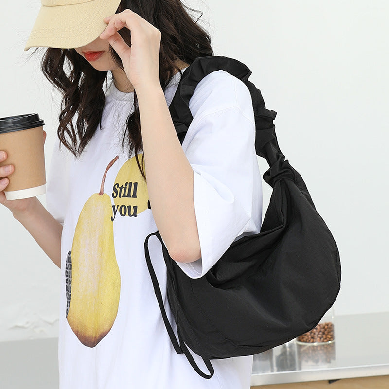 Casual literary shoulder bag ins pleated nylon dumpling bag net celebrity fashion drawstring canvas messenger bag