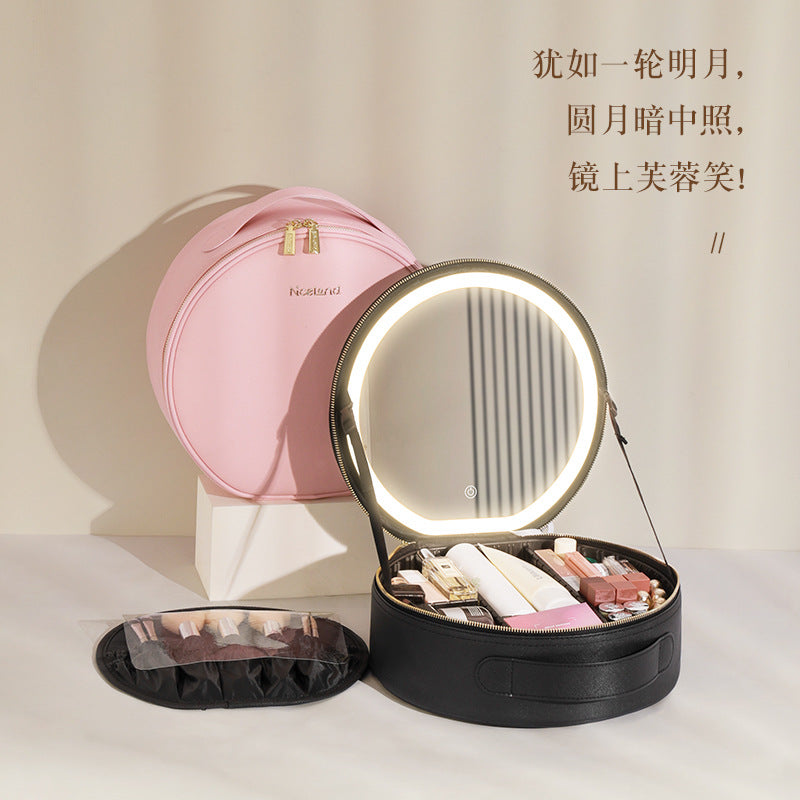 Round cosmetic bag with mirror, LED light, large capacity, portable travel cosmetics storage bag