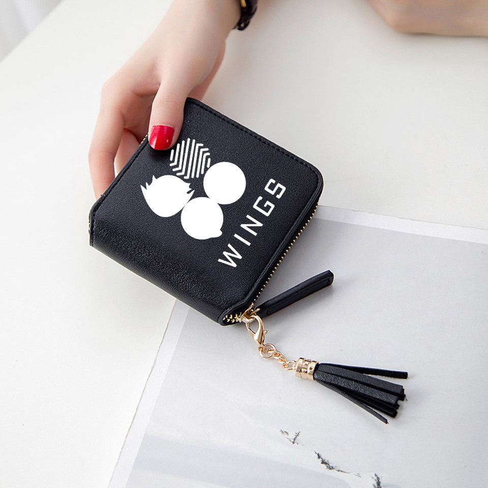 Logo printed tassel wallet female zipper clutch bag