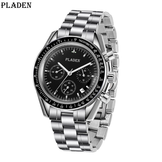 PLADEN live broadcast popular men's fashion high-end classic casual three-eye chronograph stainless steel men's quartz watch