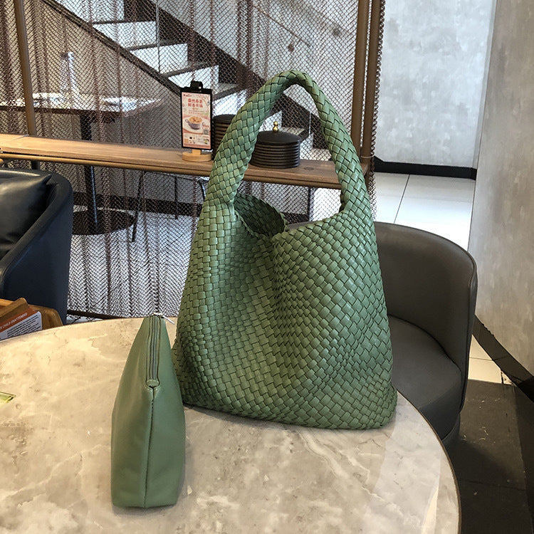 New high-end hand-woven bag large-capacity shoulder tote bag underarm bag bucket bag mother-and-child bag trend