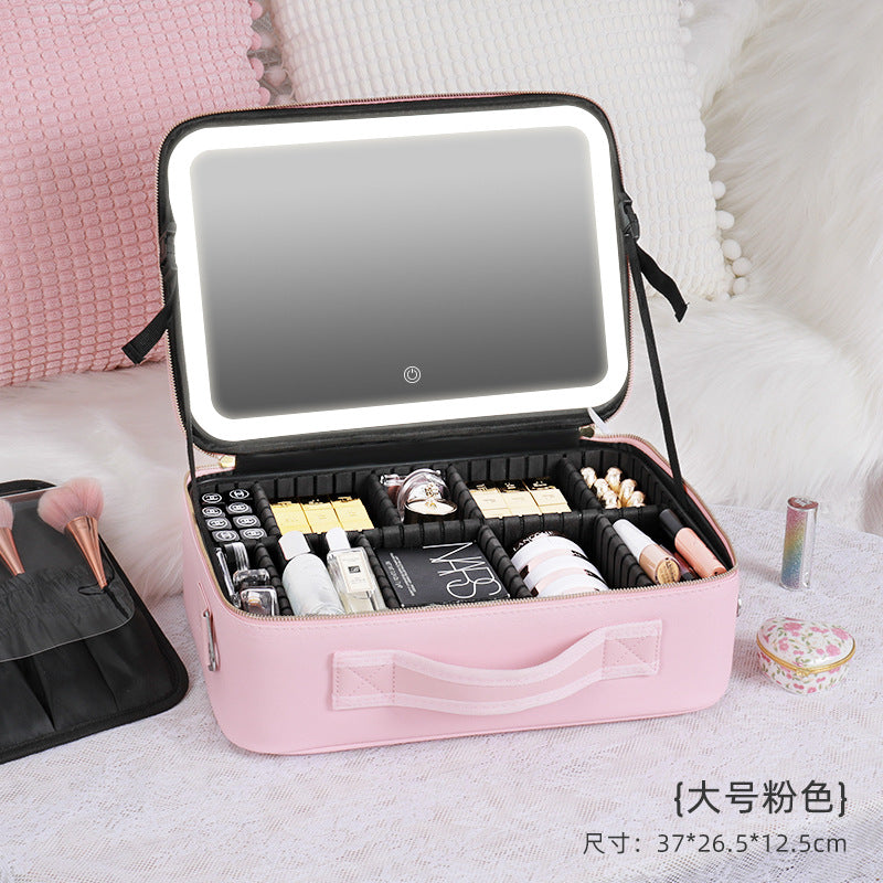 Large-capacity cosmetic bag with mirror, light and makeup skin care products cosmetic storage bag portable travel storage bag