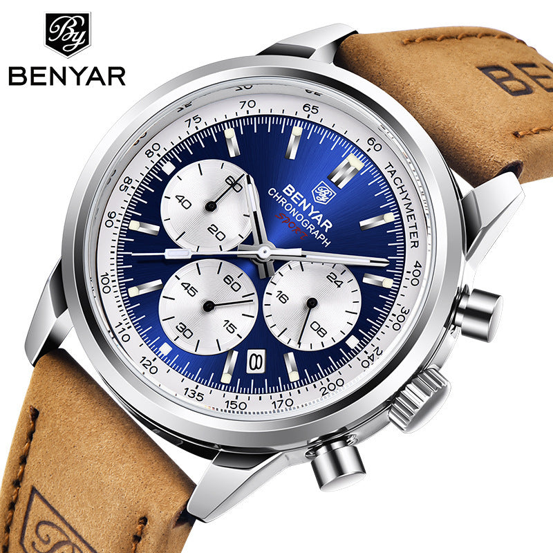 benyar by5188 men's watch multi-function chronograph luminous waterproof belt quartz watch