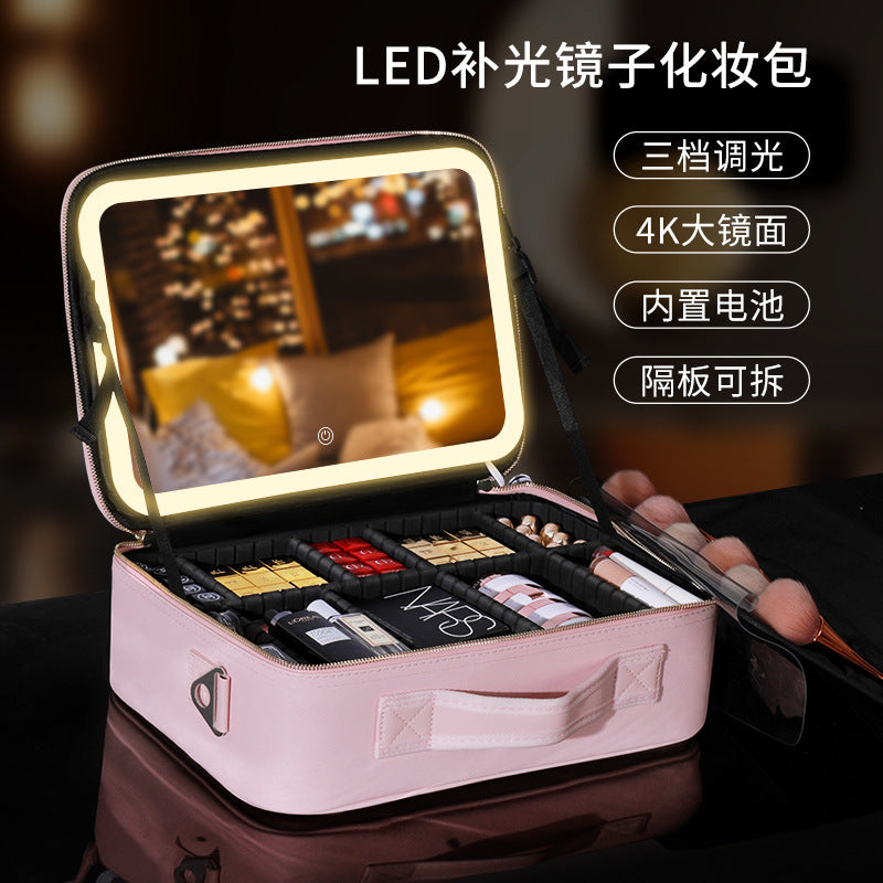 Cosmetic storage box desktop with light makeup box with mirror makeup bag portable portable with makeup artist storage bag