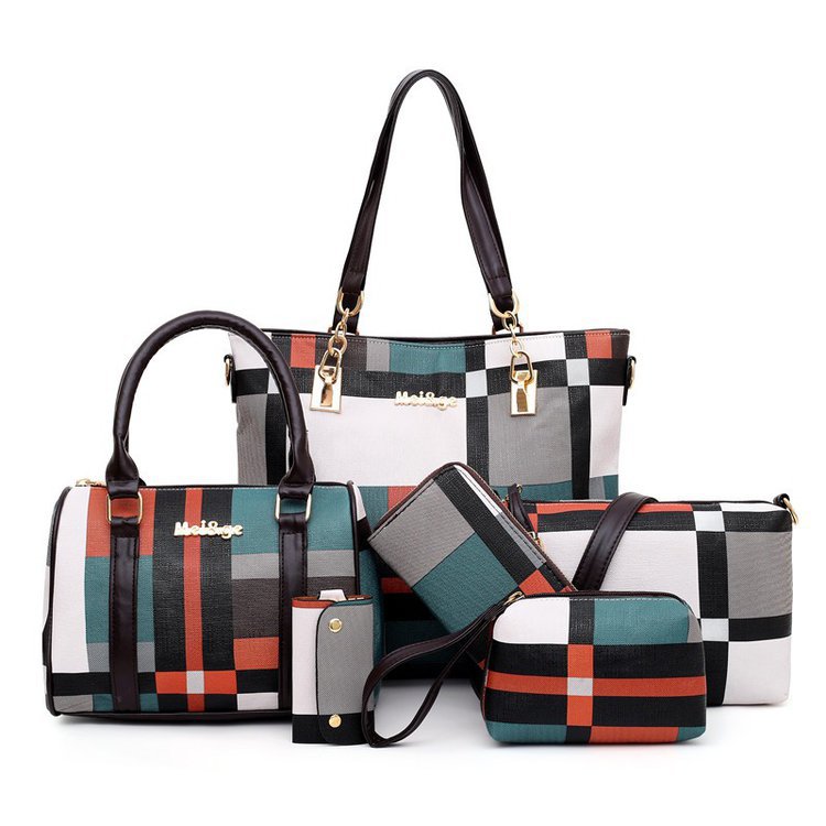 The new plaid six-piece tote bag contrasting color trend one-shoulder handbags cross-border one-piece drop-shipping to the world