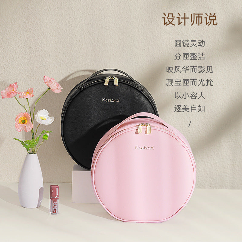 Round cosmetic bag with mirror, LED light, large capacity, portable travel cosmetics storage bag