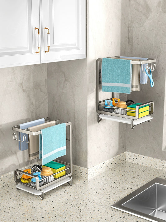 Rack with shelf for kitchen towels and sponges