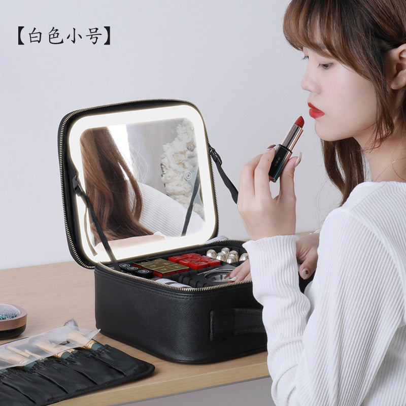 Cosmetic storage box desktop with light makeup box with mirror makeup bag portable portable with makeup artist storage bag