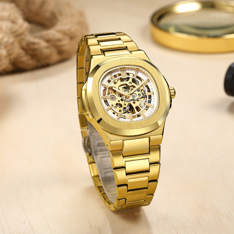 Hollow men's watch fully automatic mechanical watch waterproof men's watch gold watch cross-border business