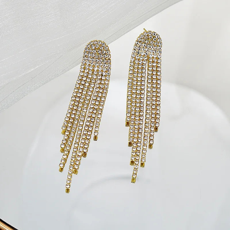 FYUAN Fashion Long Tassel Drop Earrings for Women Black Gold Silver Color Rhinestone Dangle Earring Wedding Party Jewelry